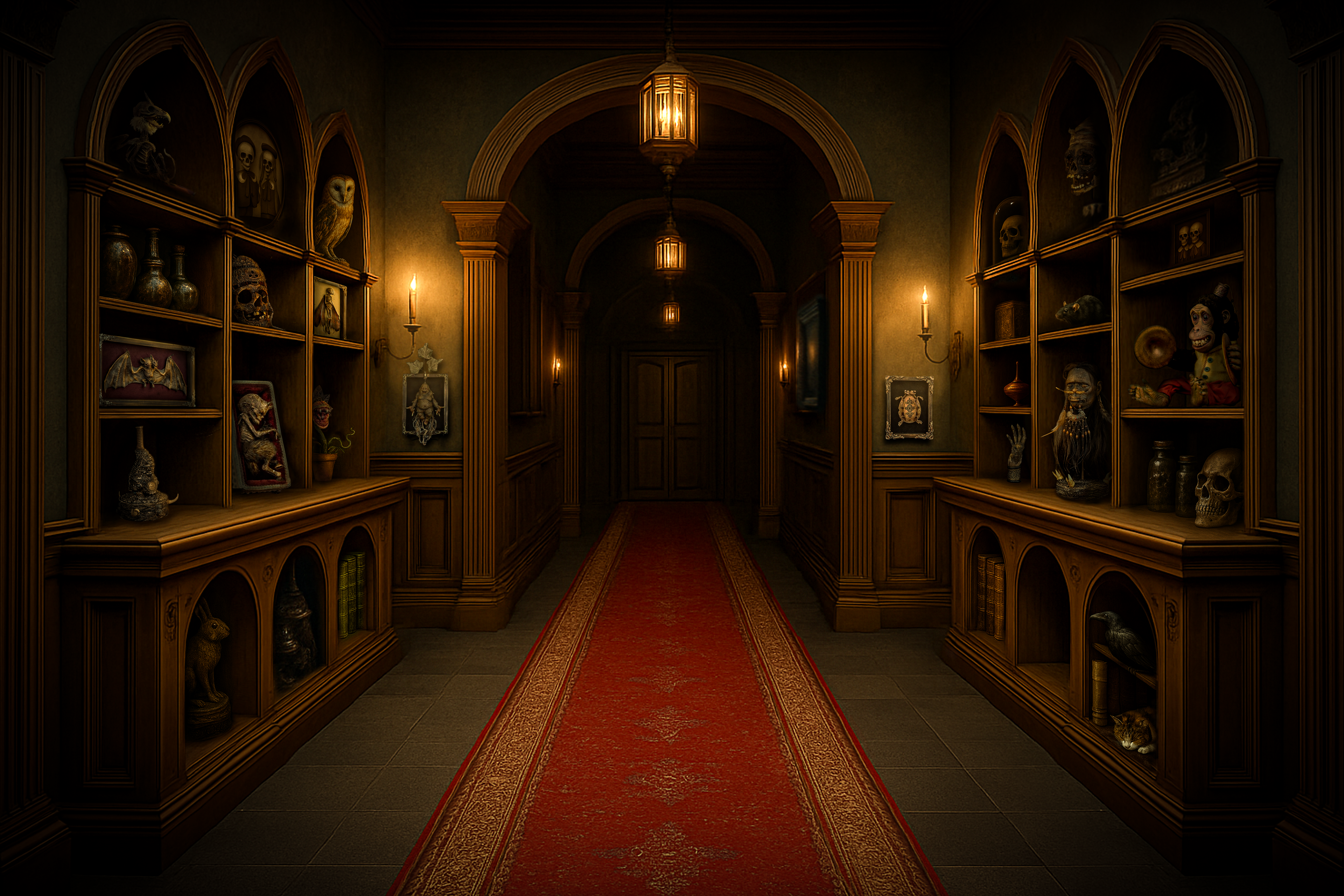 Dark hallway with wooden shelves with a collection of unique oddities and curiosities on either side and a red carpet.