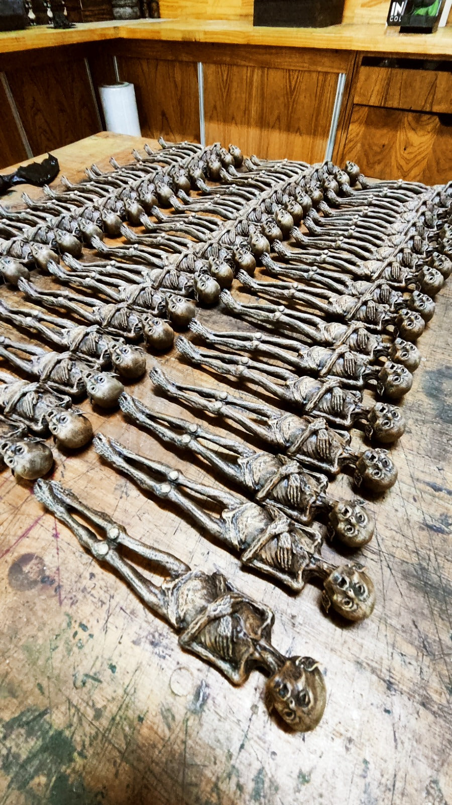 Row of mummified dead faeries on a wooden surface